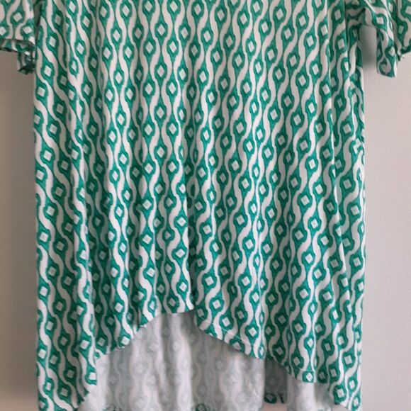 Chico's Geometric Teal White Scoop Neck Hi-Low Hem Stretchy Top Size 2 - Picture 5 of 7